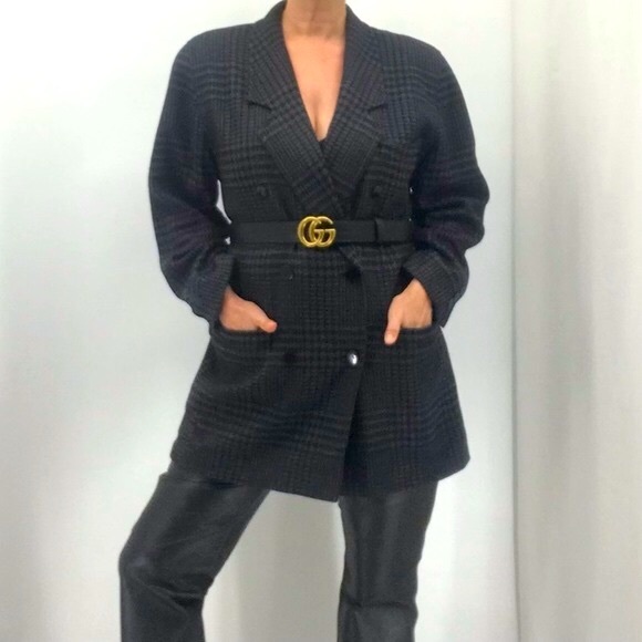 Escada Vintage 80’s Plaid Wool Oversized Double Breasted Long Boyfriend Blazer - Picture 9 of 16